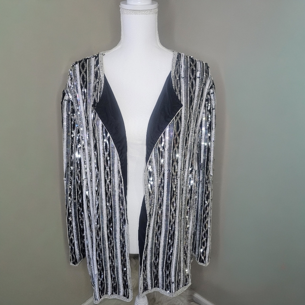Papell Boutique Vintage 80s Black & Silver Beaded Sequin Silk Evening Jacket - Picture 3 of 13